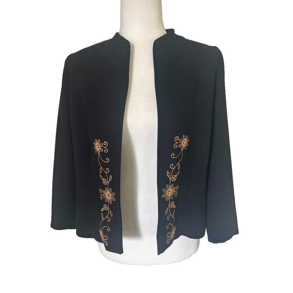 Vintage JOSEPH RIBKOFF Jacket Blazer Size 10 Black Gold Embroidery Lined Cover